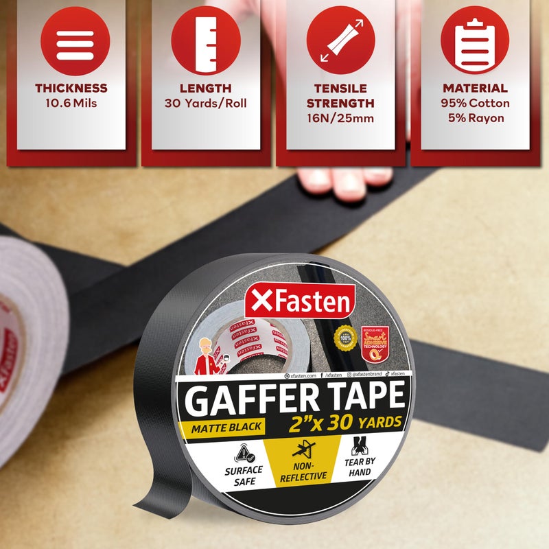 XFasten Black Gaffers Tape 2 Inch x 30 Yards (90 Feet) Residue-Free Matte Black Gaffer Tape 2 Inch Non-Reflective Easy-to-Tear Floor Tape for Electrical Cords - Image 2